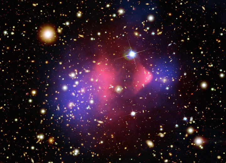 Composite of the Bullet Cluster, 1E 0657-558. Pink is the hot gas. Blue is mass inferred from lensing. The two do not share a center.